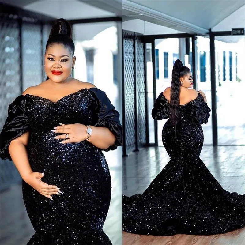 Sparkly Black Sequined Mermaid Formal Evening Dresses For Pregnant Women Plus Size V Neck Prom Gowns Short Sleeve Special Occasion Dress 2022