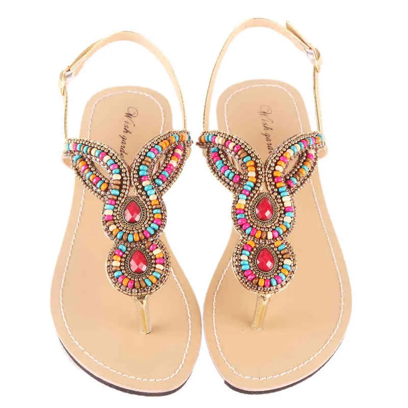 NEW Summer Retro String Bead Women Beach Sandals American Style Female Slipper Mulher T-Strap Flops Parent-Child Oversized Shoes X220214