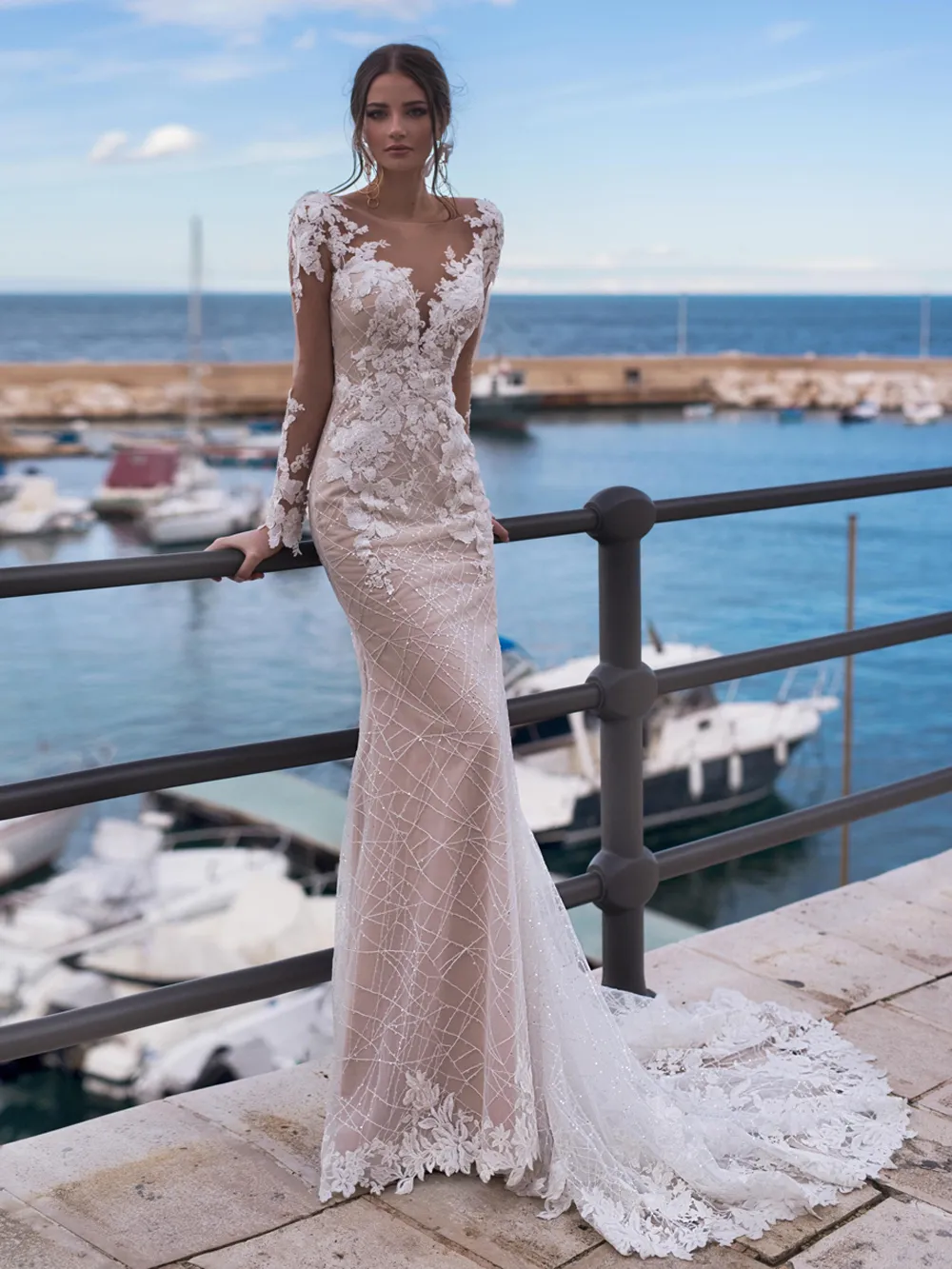bridesmaid dresses long lace Ombreprom Wedding Dress Formal Long Sleeves V-neck Lace Satin A-line Bridal Gown main image 0