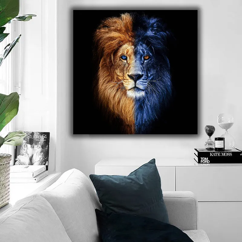 Modern Canvas Wall Picture Art Animal Målning Skriv ut Djupt lejon ansikte med dubbla färger för vardagsrum Heminredning Ingen ram