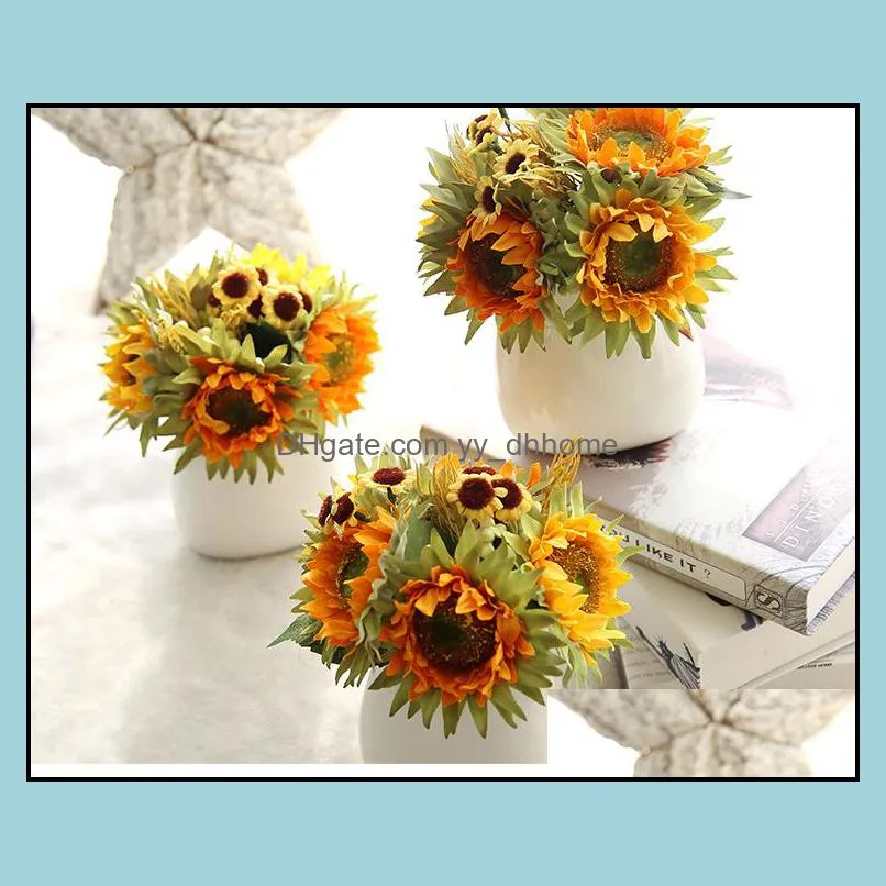 Little Sunflower Bouquet Posy Decorative Artificial Silk Flowers Wedding Flower Fake Plants Home Party Decor Wholesale