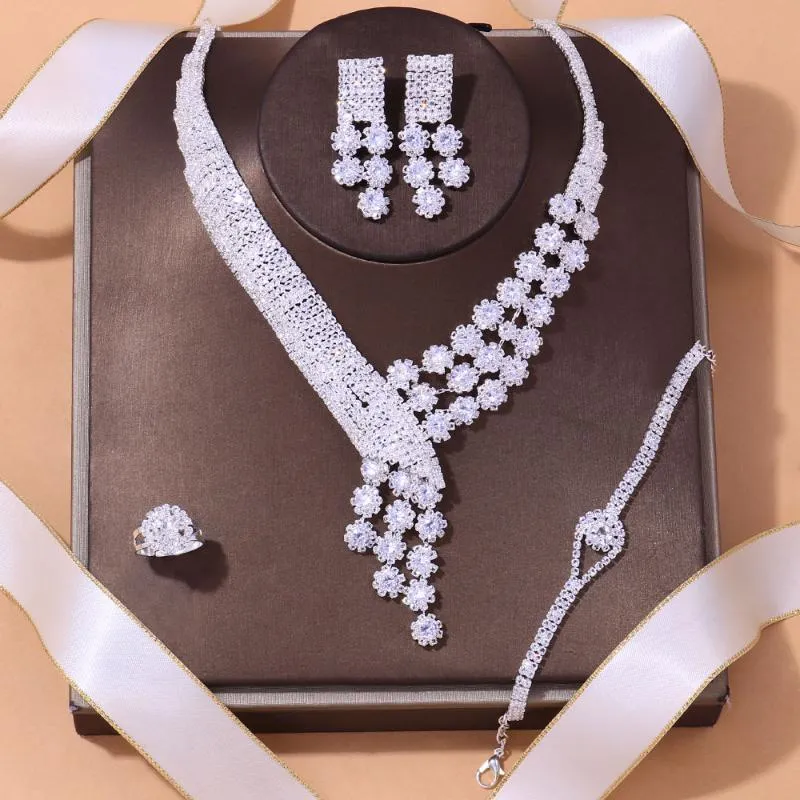 Earrings & Necklace Stonefans Christmas Crystal Flower Wedding Jewelry Sets For Women Fashion Bling Rhinestone Bracelet Earring Ring Set