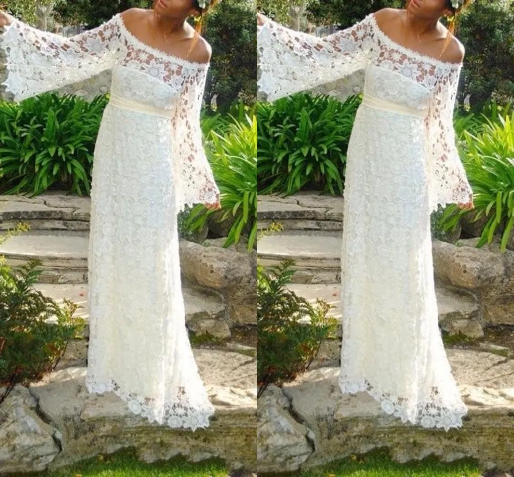Beach New Designer Cheap Full Lace Dresses Bohemian Off Shoulder Long Sleeves Sweep Train Wedding Dress Bridal Gowns Boho