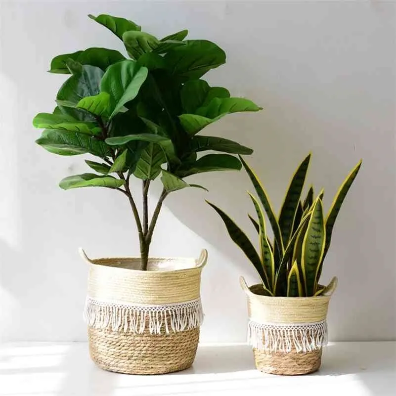 Storage Rattan Basket Hanging Flowerpot Clothes Laundry Seagrass Handmade Storage Bamboo Storage Basket Flower Pots Planter 210712