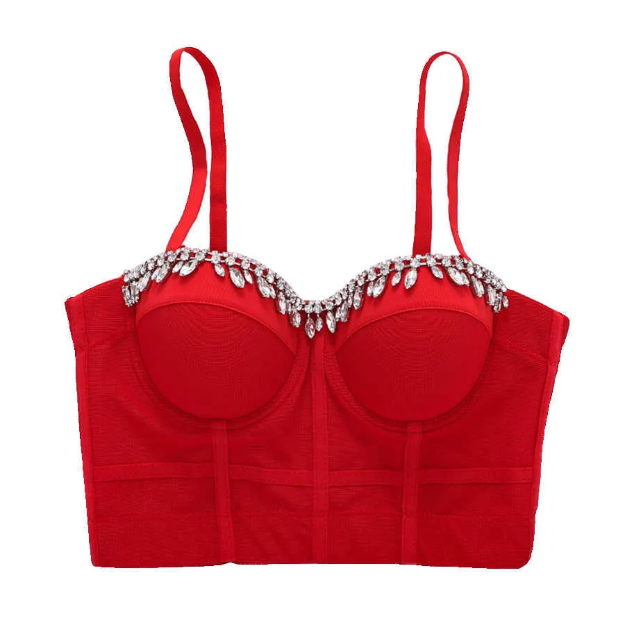 2021New court Sexy diamant perles haut femme discothèque fête haut court femmes solide Camis hauts avec soutien-gorge intégré Push Up Bralette X0726