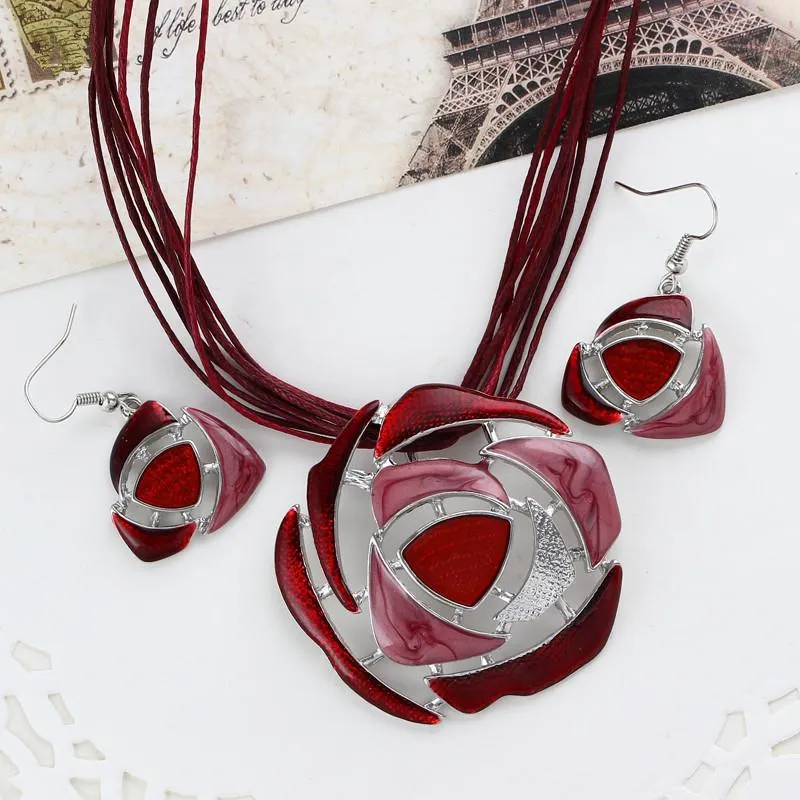 Örhängen Halsband Hesiod African Smycken Set Red Rose Romantiska Emaljblomma Sats för Party Rope Bridal Summer