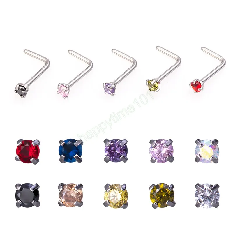 Crystal Nose Stud Piercing Set Zircon Gem L Shape Nostril Stainless Steel Nariz Bone Ring Stud for Women Body Jewelry