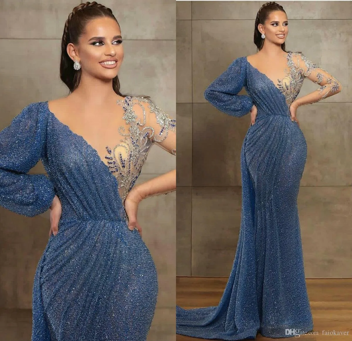 Abiti da sera blu Sheer Jewel Neck Perline Pizzo Manica lunga Mermaid Prom Dress Sweep Train Custom Made Illusion Robes De Soir￩e