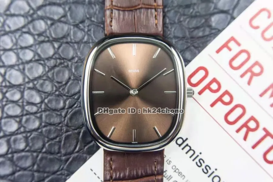 Wysokiej jakości zegarki złota elipsa ze stali nierdzewnej Miyota 9015 Autoamtic męski zegarek 3738/100G-012 szafirowa brązowa tarcza skórzany pasek męskie zegarki na rękę