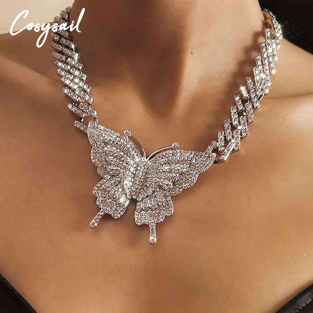 Cosysail Shiny Iced Out Miami Cuban Link Chain Hip Hop Kvinnor Stor Rhinestone Crystal Butterfly Hänge Halsband Smycken