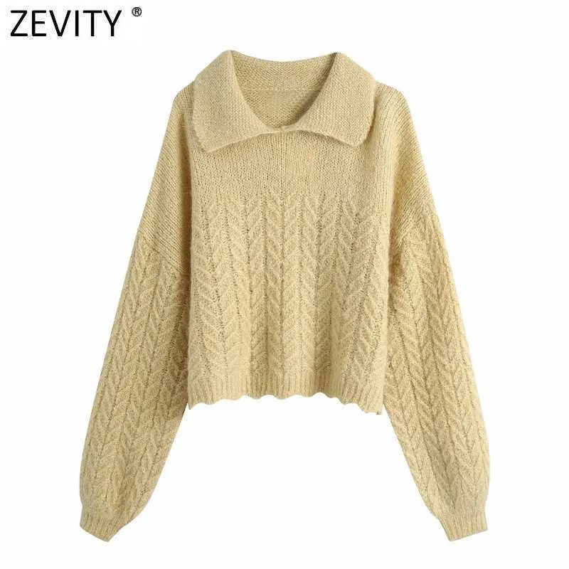 Zevity kobiety moda skręcić kołnierz stałe patchwork dziewiarski sweter żeński latarnia rękaw dorywczo eleganckie swetry topy S521 210603