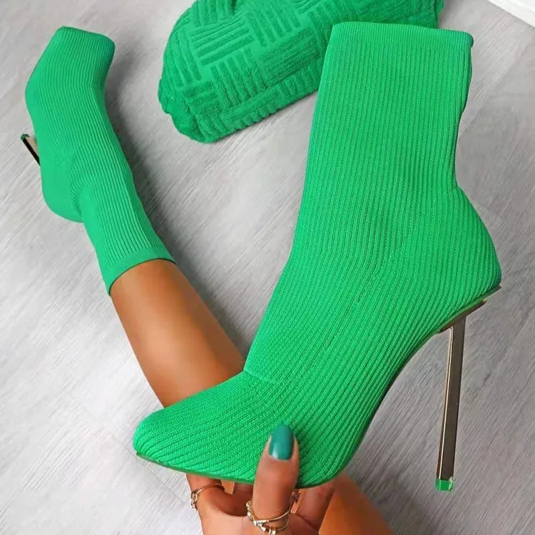 مصمم مثير المرأة جورب الأحذية الأخضر محبوك قصيرة الكاحل التمهيد عالية الكعب مربع أصابع القدم 2021 الخريف الشتاء السيدات الأزياء والأحذية