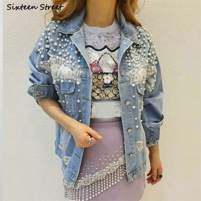 Giacca di jeans impreziosita da perle da donna Cappotto vintage azzurro con perline ricamate Autunno Inverno Capispalla 211014