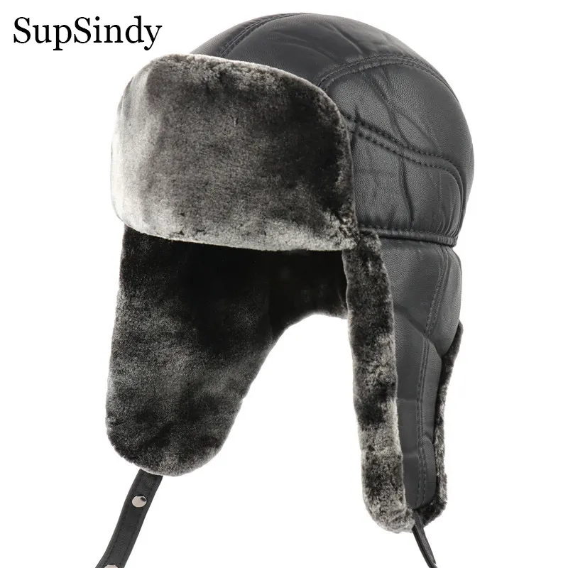 Wojskowe wojskowe USHanka Menwomen PU Skóra Zimowa Bombowiec Kapelusz Ciepły Faux Fur Pilot Kapelusze Nauszniki Traper Thermal Snow Caps