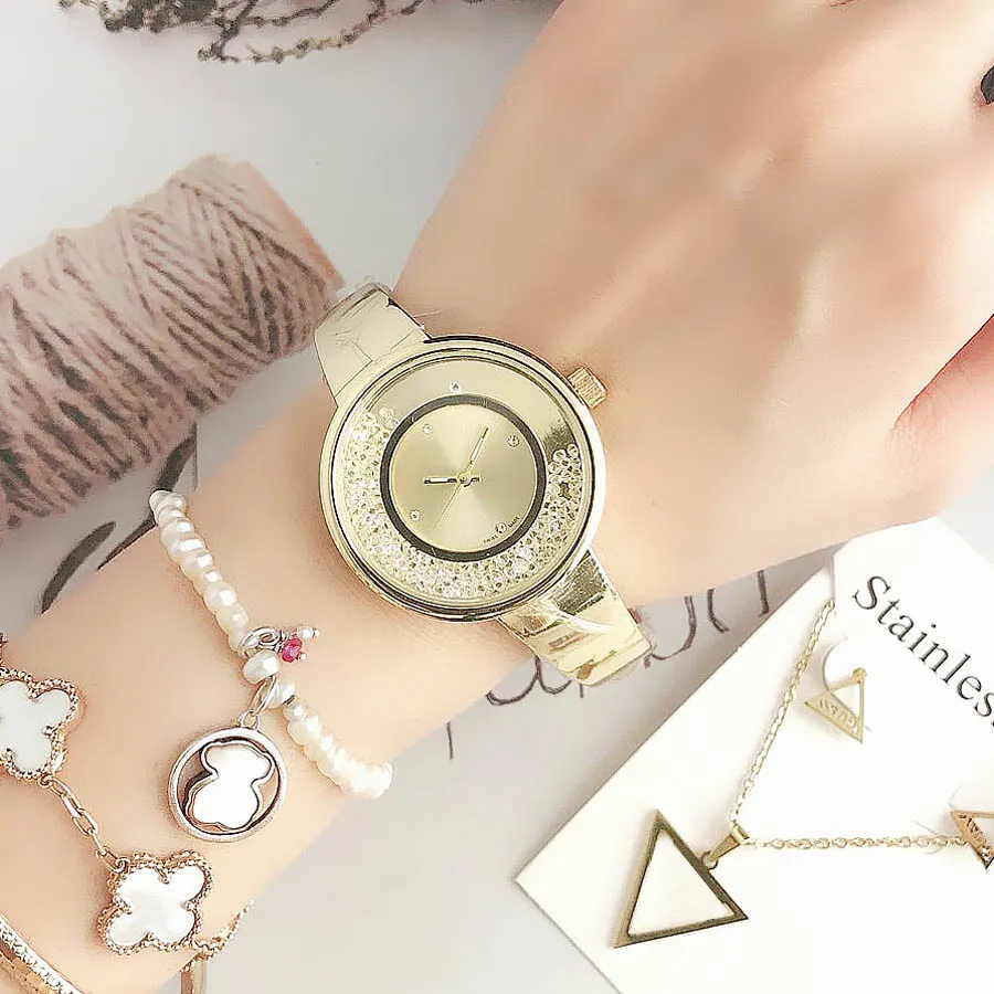 브랜드 시계 여성 소녀 다이아몬드 크리스탈 삼각형 스타일 금속 강철 밴드 쿼츠 손목 시계 GS 48