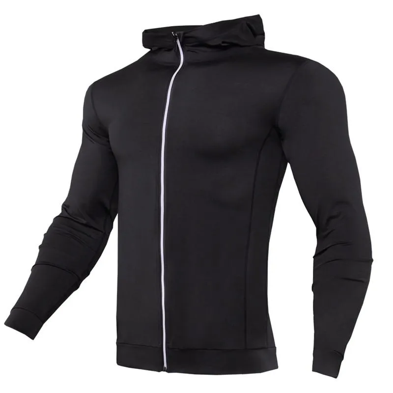 Jaquetas de corrida com capuz Jaqueta masculina com zíper Moletom com capuz Musculação Roupa de academia Casaco com capuz Compressão Treino apertado Homens Top