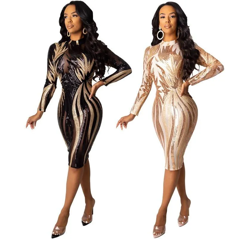 Zwart en Gouden Sequin Jurk Mesh Bodycon Midi Sexy Club Outfits 2021 Lange mouw Zie door strakke jurken Vrouw Party Night Casual