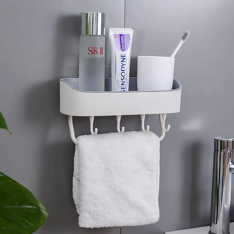 Plastic Punch Free Wall Hanging Bathroom Rack Self-Adhesive Soap Shampoo Holder Storage Rack with 4 Hanger