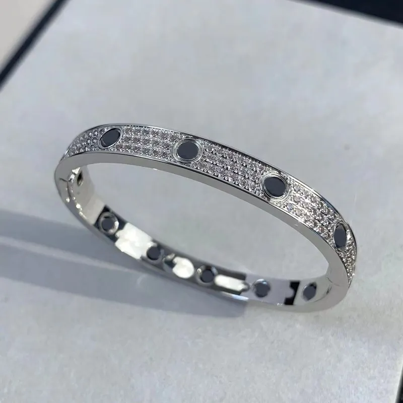 Designer de luxo titânio aço preto parafuso cheio diamante pulseira amor pulseira para homens e mulheres festa casamento casais presente jóias273m