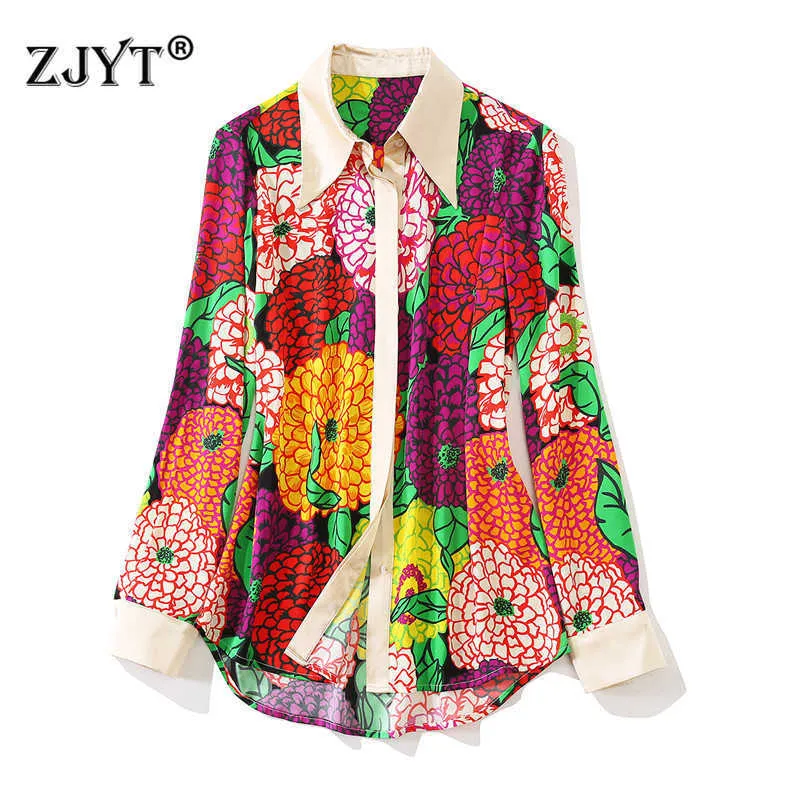 Runway Designer Luxe Real Silk Blouse Vrouwen Elegante Lange Mouw Floral Print Shirt Office Lady Party Casual Blusas Tops 210601