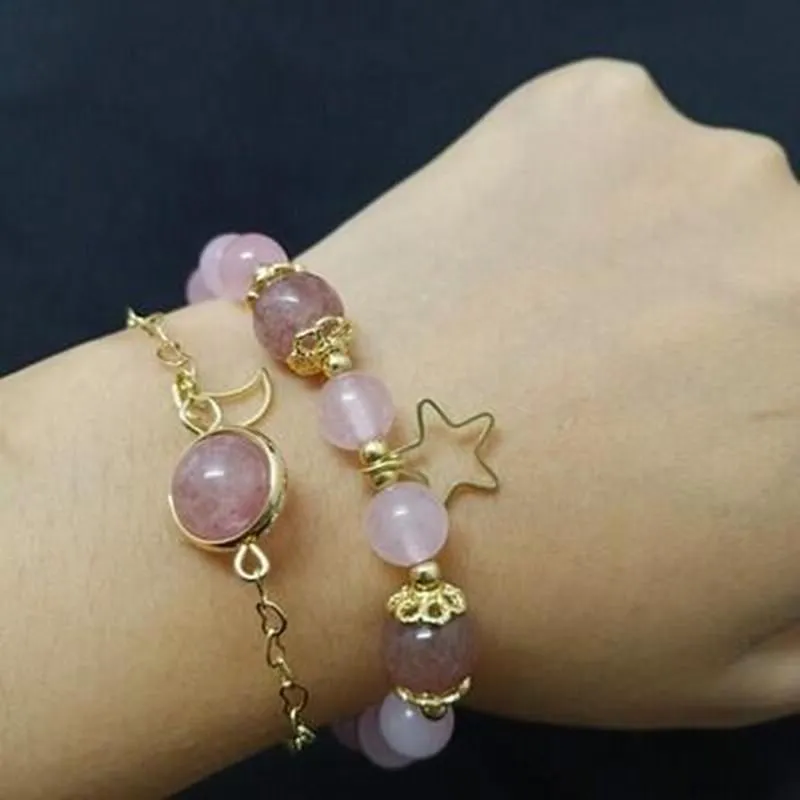 Роскошный розовый натуральный клубничный кристаллический камень, цепочка из бисера, подвеска в виде звезды и Луны, браслет для женщин, подарок на годовщину, Jewelry236M