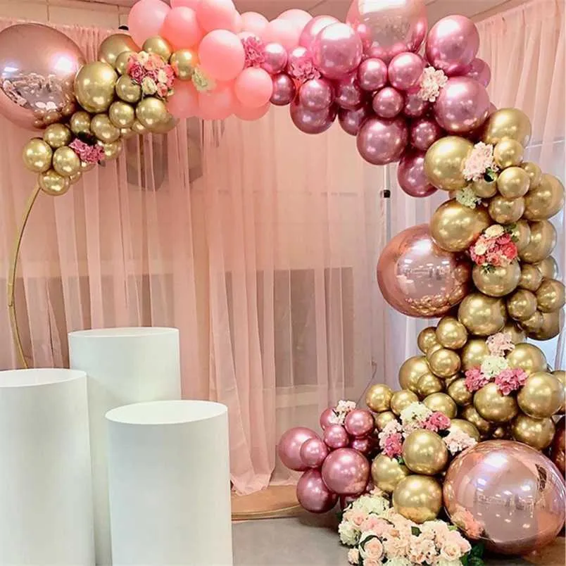 126pcs Chrome Gold Rose Pastel Baby Pink Balloons Garland Arch Kit 4D Rose Balloon For Birthday Wedding Christmas Party Decor 211216