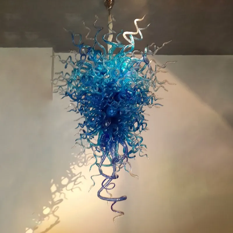 Italian Blue Pendant Lamp Luxury Hand Blow Murano Glass Chandelier 24 by 48 Inches Modern Long Hanging Led Lights for New House Decoration