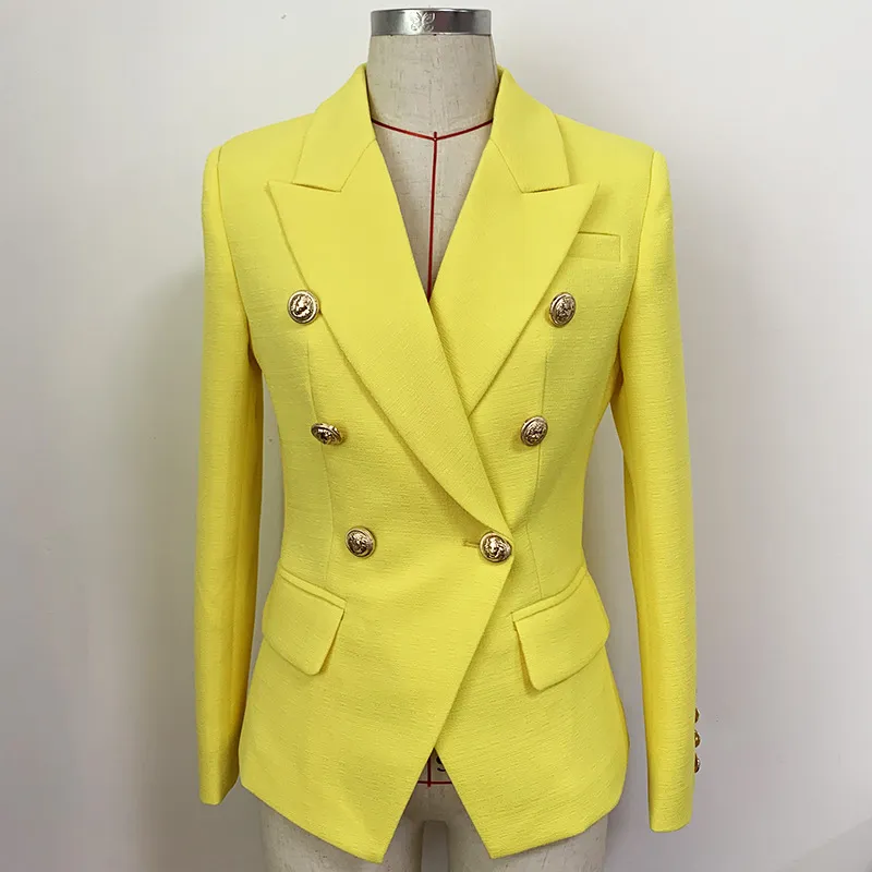 Klasik Stil En Kaliteli Orijinal Tasarım kadın Kruvaze Blazer Ince Suit Ceket Metal Tokalar Sarı Blazers Hempcotton Karışımlı İplik Ceket Dış Giyim 2135