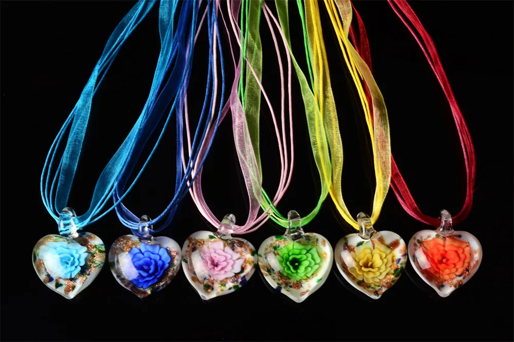 Mode en gros 6 pièces colliers à la main or poussière Murano verre au chalumeau couleur mélangée à l'intérieur transparent fleur pendentifs collier