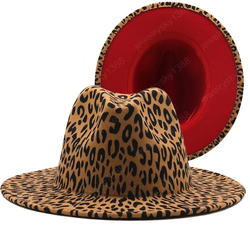 Wide Brim Leopard Red Bottom Fedora Ladies Wool Felt Hat Women Men Party Trilby Jazz Church Hats Patchwork Panama Cap