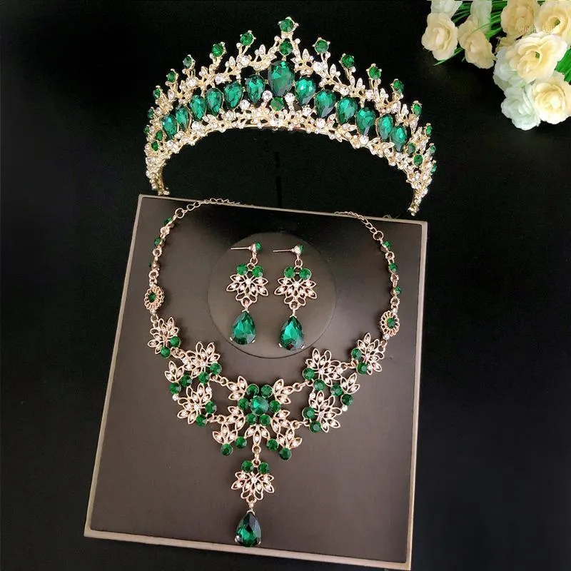 Küpe Kolye Barok Altın Yeşil Kırmızı Mavi Kristal Gelin Takı Setleri Rhinestone Tiara Taç Küpe Gerdanlık Düğün Dubai Set