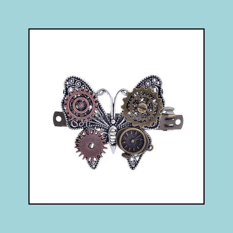 S874 Hot Fashion Jewelry Women`s Vintage Butterfly Barrette Steampunk Gear Alloy Butterfly Hairpin Hair Clip Bobby Pin Lady Barrette