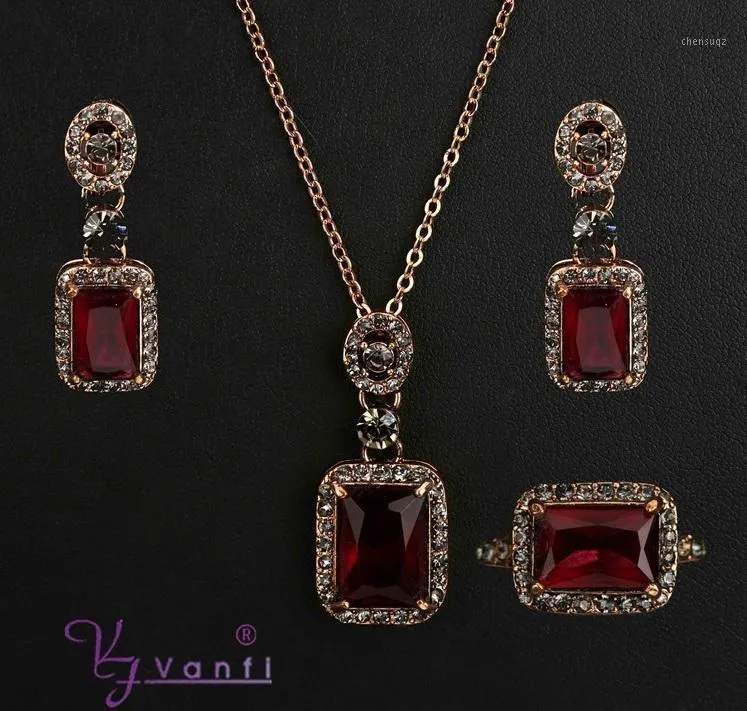 Boucles d'oreilles collier Style Vintage Antique couleur or carré rouge Long collier boucle d'oreille bague ensembles de bijoux cadeau pour les femmes