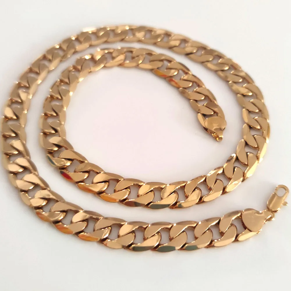 Länkkedja Kuba halsband 24k stämpel solid gul guld gf män tjock chunky 12 mm tung original bild