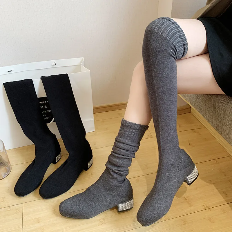 Frauen Stricken Socken Stiefel Stretch stoff über die knie stiefel 2021 Winter Schwarz kniehohe booties Damen Schuhe Botas mujer 8417N