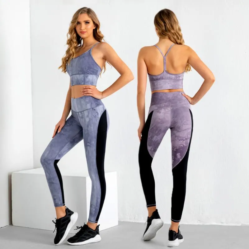 Gym Kläder Tie-Dye Utskrift Sexig Bra Kvinnors Stitching Fitness Set Tvådelade Yoga kostym Sport Femal Tracksuit Sportkläder