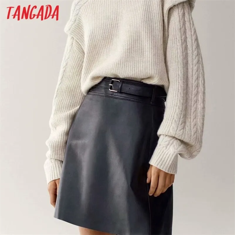 Tangada autumn winter women black faux leather skirts with belt decorate zipper female mini skirt 4C75 211120