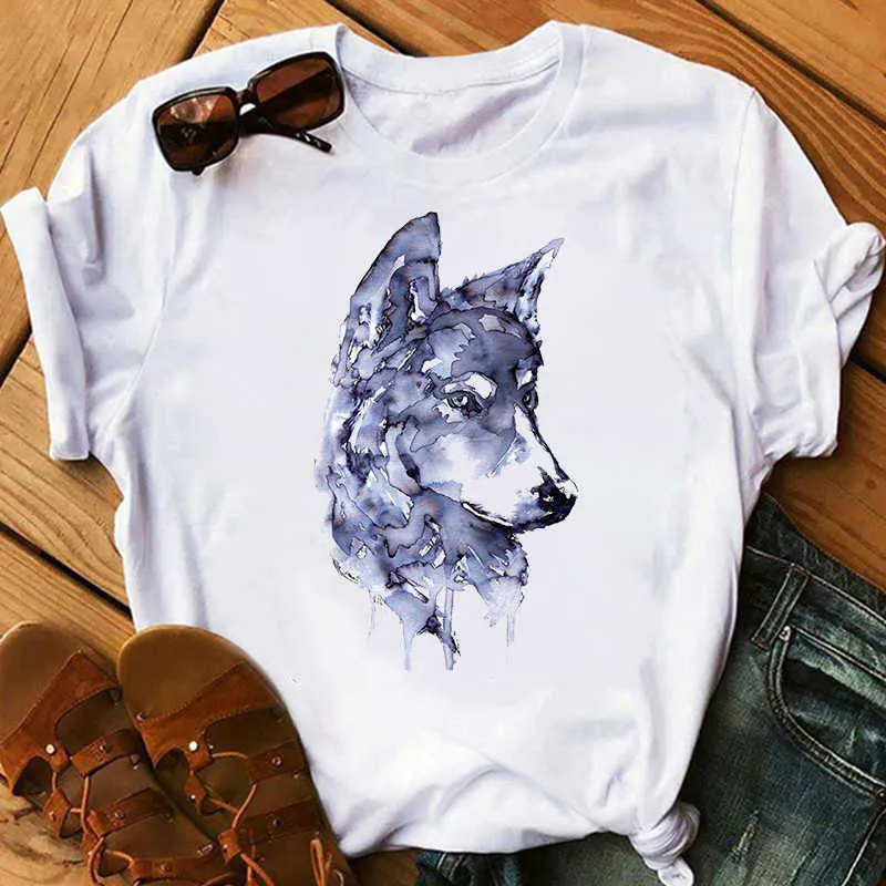 Marke Wolf T-shirt Frauen Lustige weiße T-Shirt Mädchen Casual Tier T-shirt Weibliche Sommer Kurzarm O Neck Lose T-shirt t Tops X0527