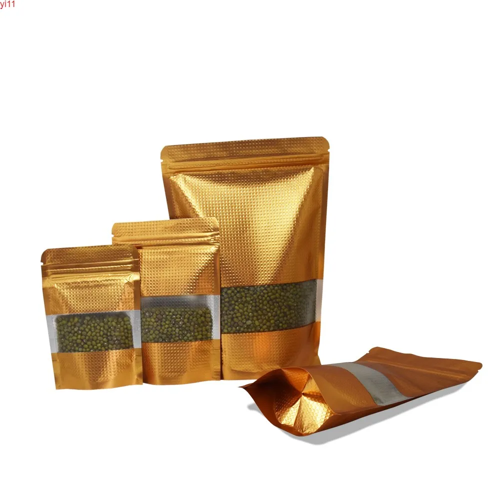 1000 stycken återlåsbar guld sticka upp aluminiumfolie packning väska värme tätningslinje mylar påsar mat nöt godis lagring dragkedja bagage quatity