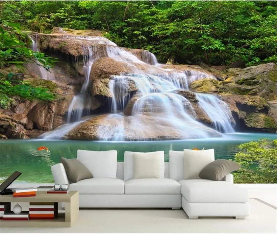 Wallpapers 3D PO behang Custom Woonkamer Muurschildering Waterval Lake Forest Paining Picture Achtergrond Muur voor