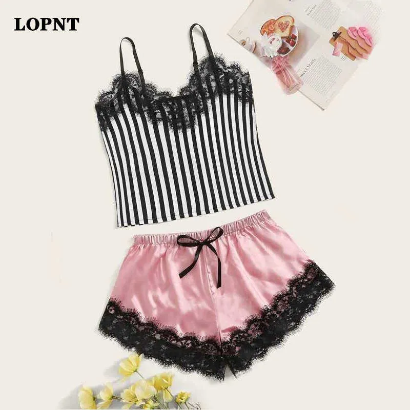 LOPNT Women's pajama set Sexy Sleeveless lingerie Striped Eyelash Lace Satin Camisoles tanks underwear set loose home suit pj Q0706