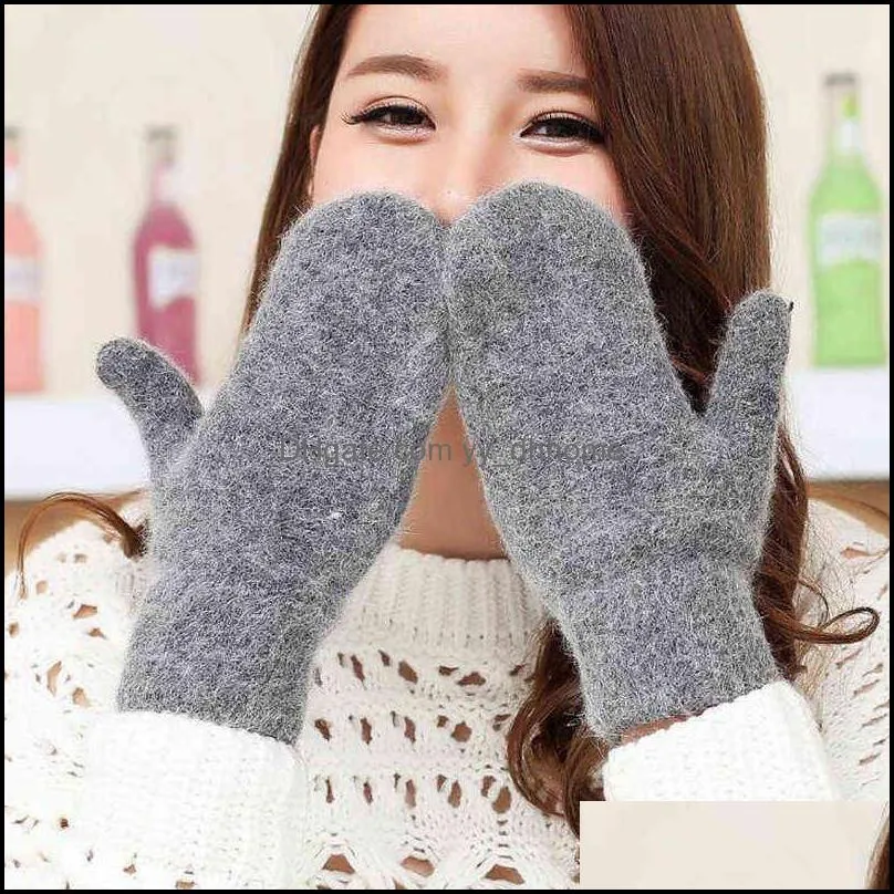 Women Winter Thick Knitted Cashmere Double Layer Plush Wool Knit Warm Mittens Female Cute Full Fingers Gloves L80 211224