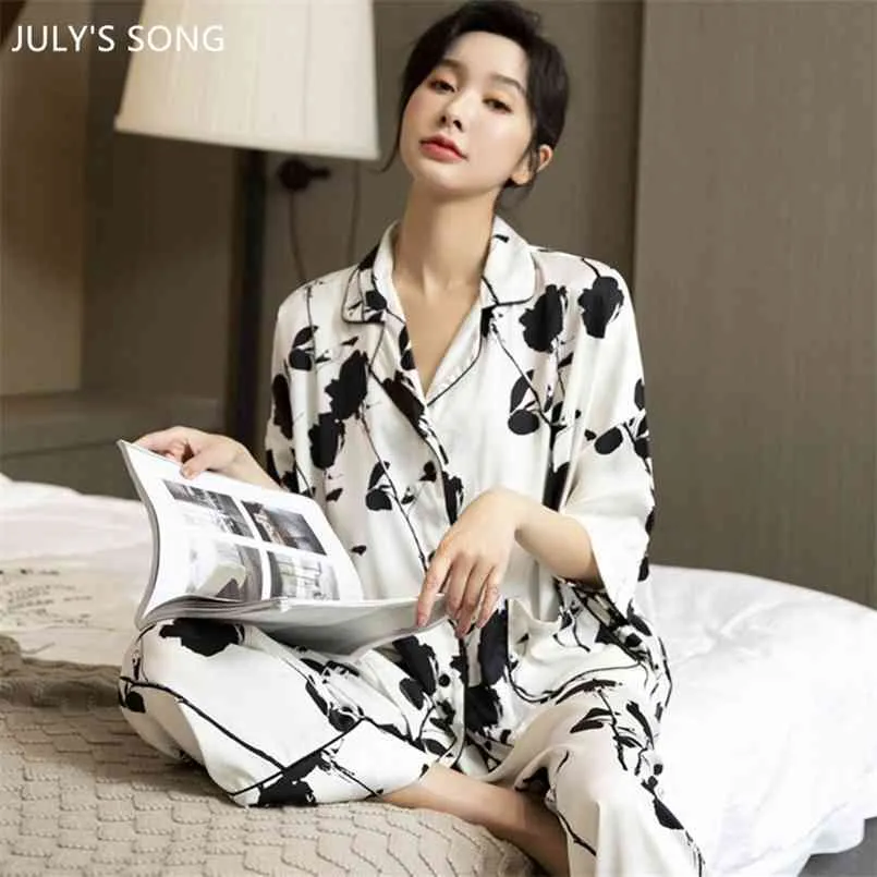 Lipiec Song Piżama Zestaw 2 Piece Sleepwear Satin Silk Róża Drukuj Elegancka Pajama Długie Spodnie Wiosna Lato 210809