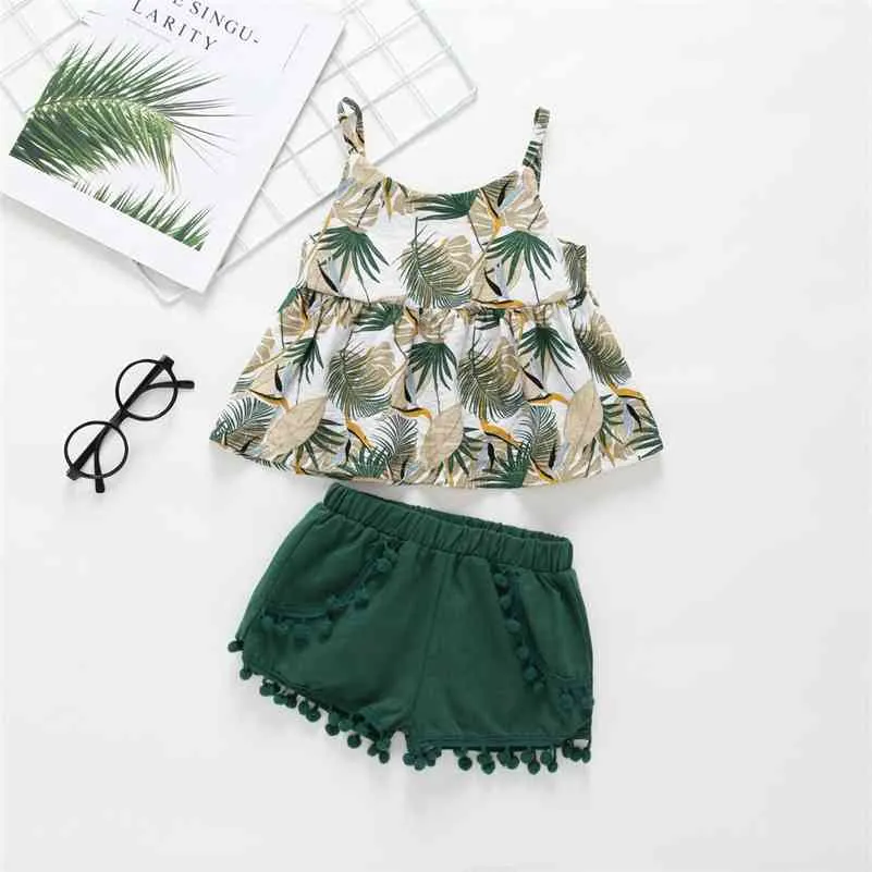 Zomer Kinderen Sets Casual Strap Print Tree Tops Green Solid Shorts 2 Stks Meisje Jongens Kleding Set 1-5T 210629