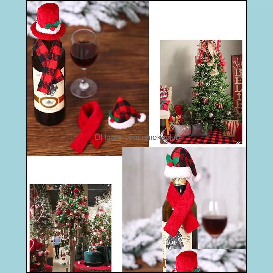 Mini Christmas Santa Claus Hat and Mini Christmas Scarf set for Christmas Silverware Holders Wine Bottle Decorations KKA8138