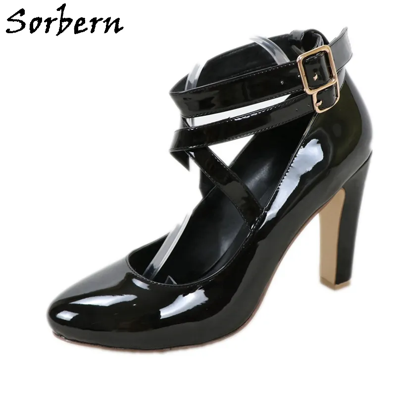 Sorbern, zapatos de vestir negros brillantes para mujer, zapatos de tacón alto con punta redonda Vintage, tacón grueso, varios colores