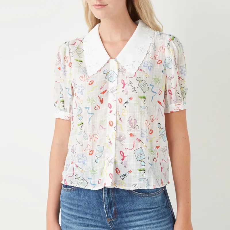 2021 весенний с коротким рукавом отворот шеи белые цветочные принты вышивка кнопки однобортная блузка женская модная рубашка 21G12