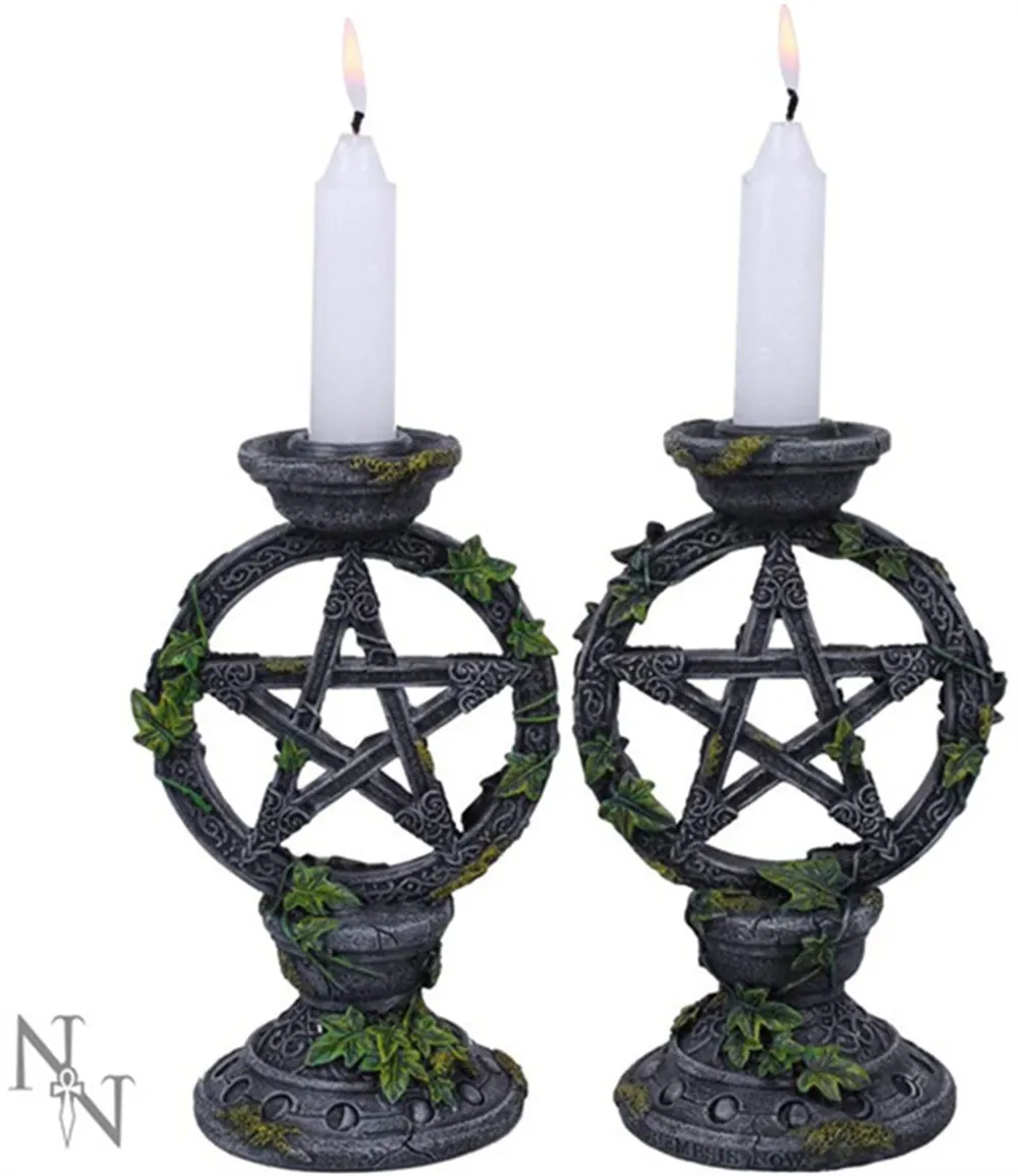 Nemesis agora wiccan pentagram candlesticks conjunto de dois titular de vela 15cm preto, resina
