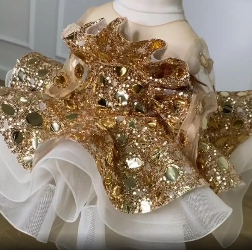 Gold Sequined Sparkly Flower Girl Gold Sequin Evening Dress with Sheer Neckline, Tulle Fabric, and Long Sleeves - Perfect for Lilttle Kids' Birthday,