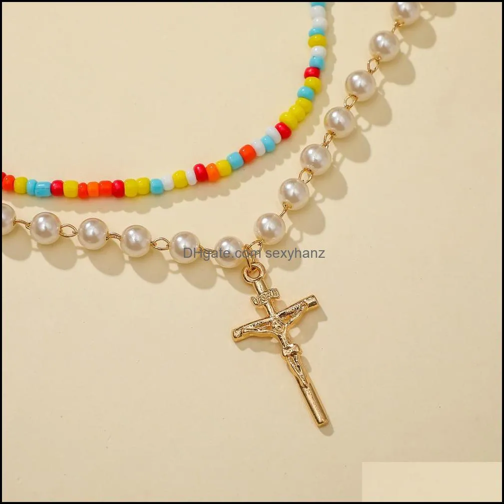 S1708 Hot Fashion Jewelry Double Layer Chain Faux Pearls Colorful Beads Necklace Cross Pendant Necklace